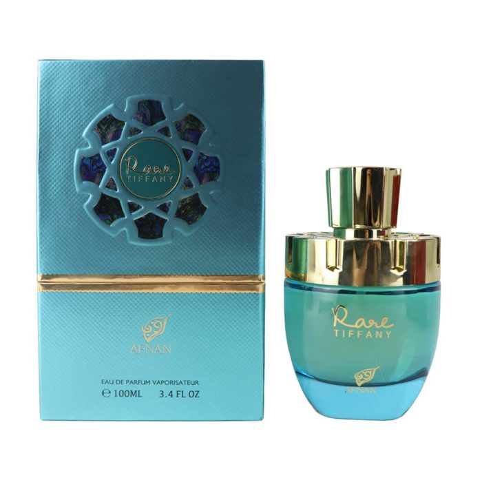 Open presentation of Rare Tiffany EDP bottle next to its box, highlighting the full packaging design.