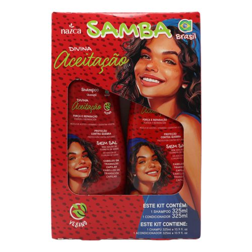 Samba Divina Aceitação kit for transitioning hair, includes 325 ml shampoo and 325 ml conditioner, in red packaging with smiling woman illustration.