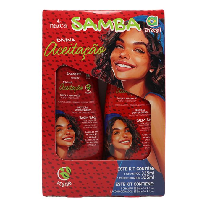 Samba Divina Aceitação kit for transitioning hair, includes 325 ml shampoo and 325 ml conditioner, in red packaging with smiling woman illustration.