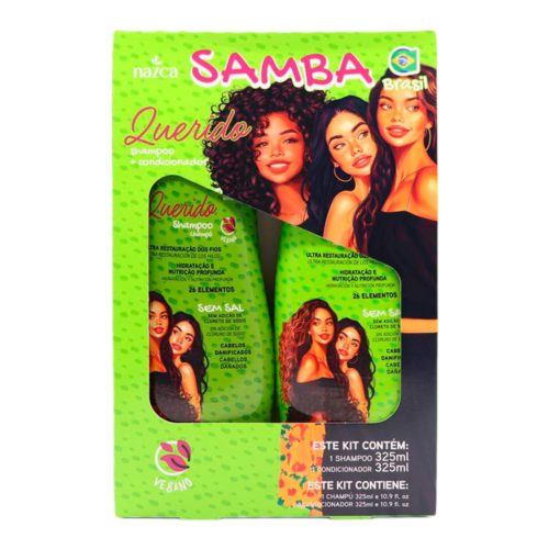 Samba Querido kit for damaged hair, with 325 ml shampoo and conditioner bottles in green packaging, featuring three illustrated women on the front.