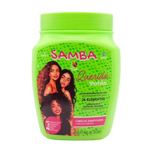 Crema capilar Samba Querido Potão (1 kg) en tarro verde con tres mujeres, diseñada para cabellos dañados con 26 elementos nutritivos.