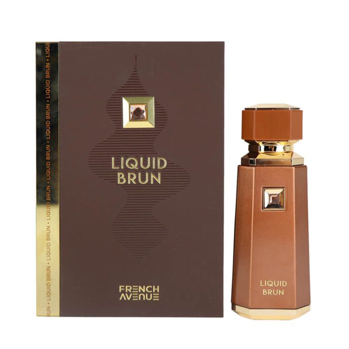 Front view of French Avenue Liquid Brun EDP 100 ml perfume box and bottle with elegant brown and gold design.
