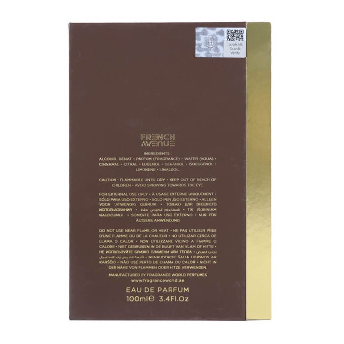 Back view of French Avenue Liquid Brun EDP 100 ml perfume box showing ingredients and safety instructions.
