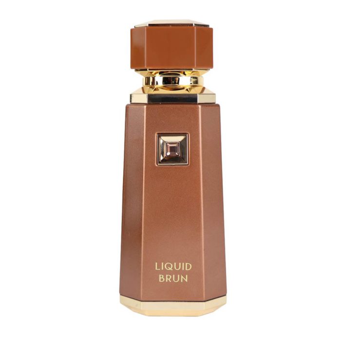 Close-up of French Avenue Liquid Brun EDP 100 ml perfume bottle with geometric brown and gold cap.