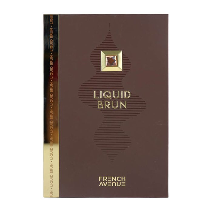 Front view of French Avenue Liquid Brun EDP 100 ml perfume box highlighting gold details and branding.
