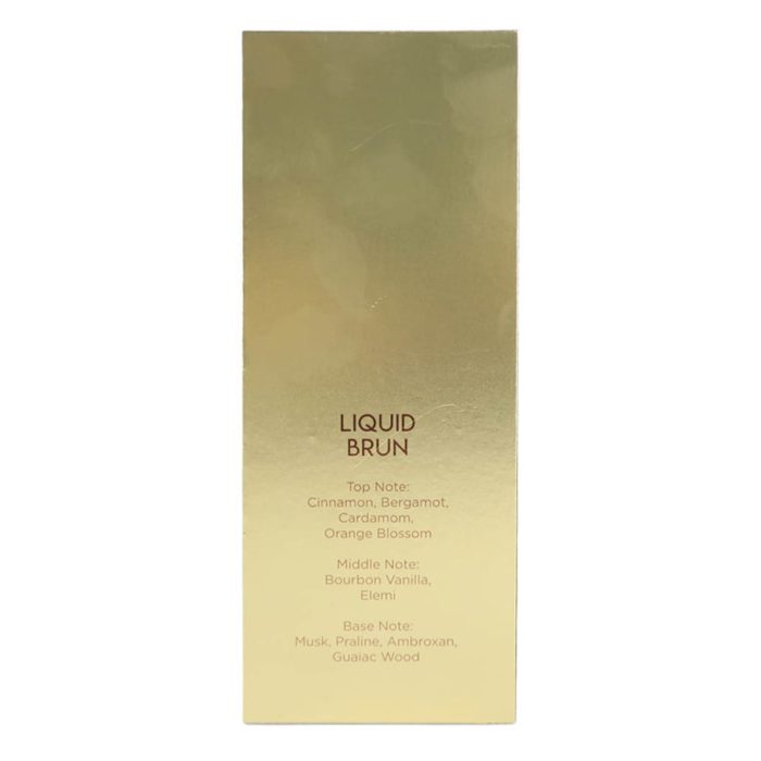 Side view of French Avenue Liquid Brun EDP 100 ml perfume box showing fragrance notes on a gold background.