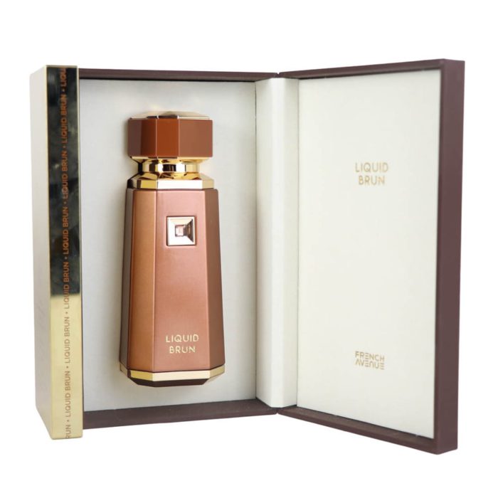 French Avenue Liquid Brun EDP 100 ml perfume bottle placed inside open presentation box with branding.