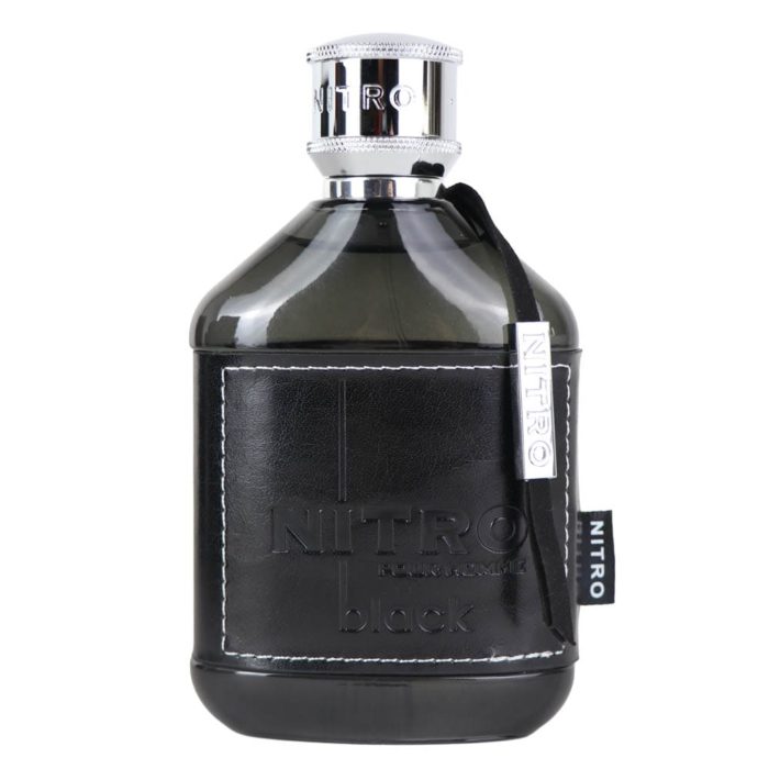 Nitro Black Pour Homme EDP 100 ml for men bottle with smoky glass, black leather wrap, and metallic silver cap.