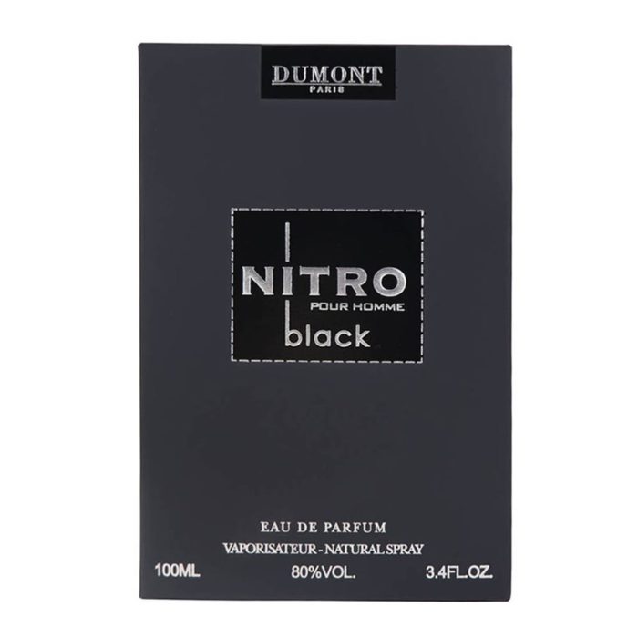 Front view of Nitro Black Pour Homme box in matte black with silver and white text.