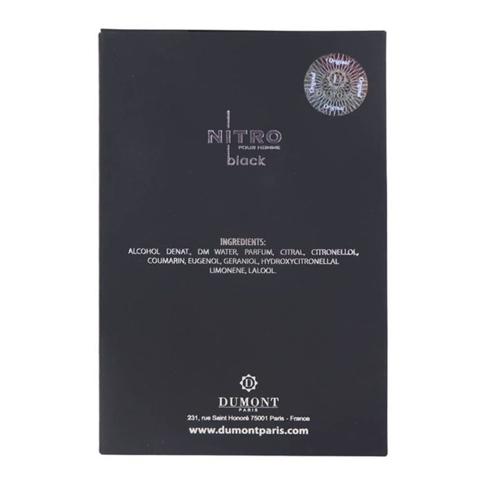 Back view of Nitro Black Pour Homme box showing ingredients and Dumont Paris branding.