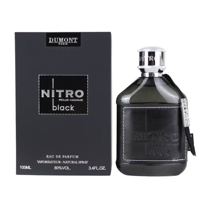 Nitro Black Pour Homme bottle next to box, both showing “Nitro Black” text in silver on black background.
