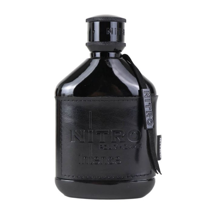 Nitro Black Intense EDP 100 ml perfume bottle close-up, all black with embossed leather sleeve and metallic cap.
