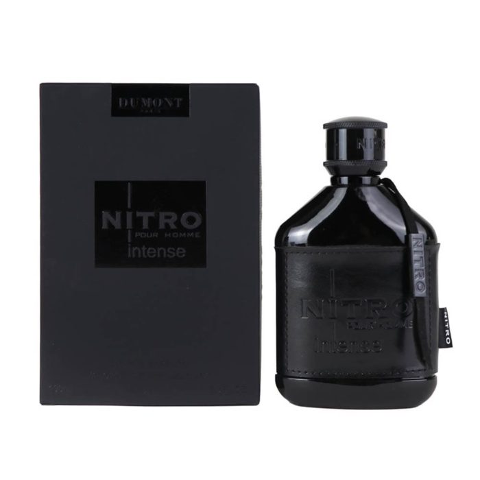 Nitro Black Intense EDP 100 ml perfume bottle and box side by side, both in sleek black design.