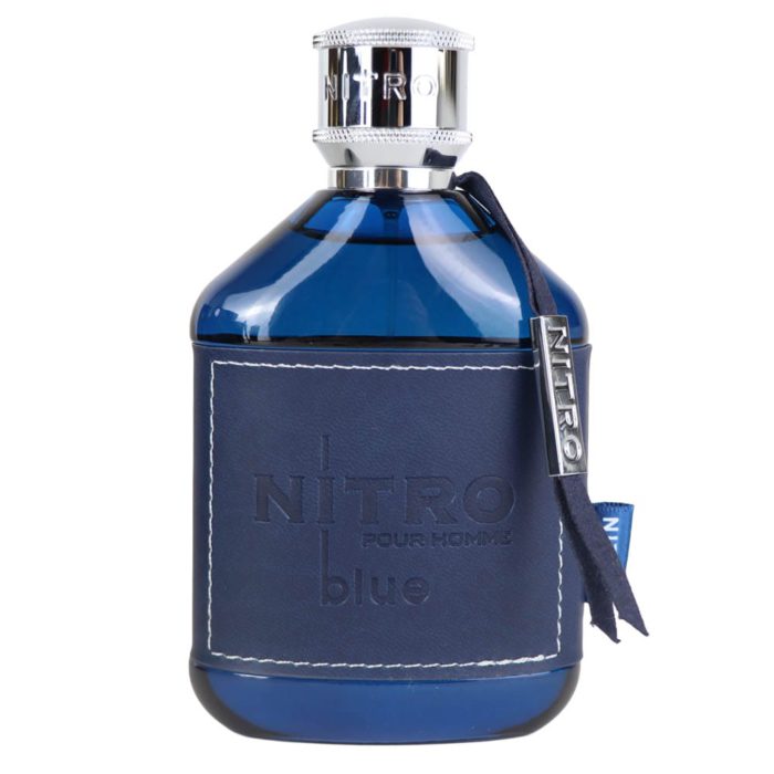 Close-up of Nitro Blue Pour Homme Eau de Parfum 100 ml bottle by Dumont with blue glass and dark blue leather wrap.