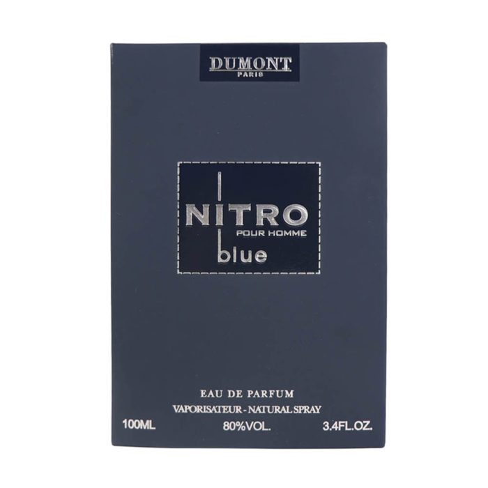 Front view of Nitro Blue Pour Homme 100 ml box by Dumont showing product name and details in silver text.