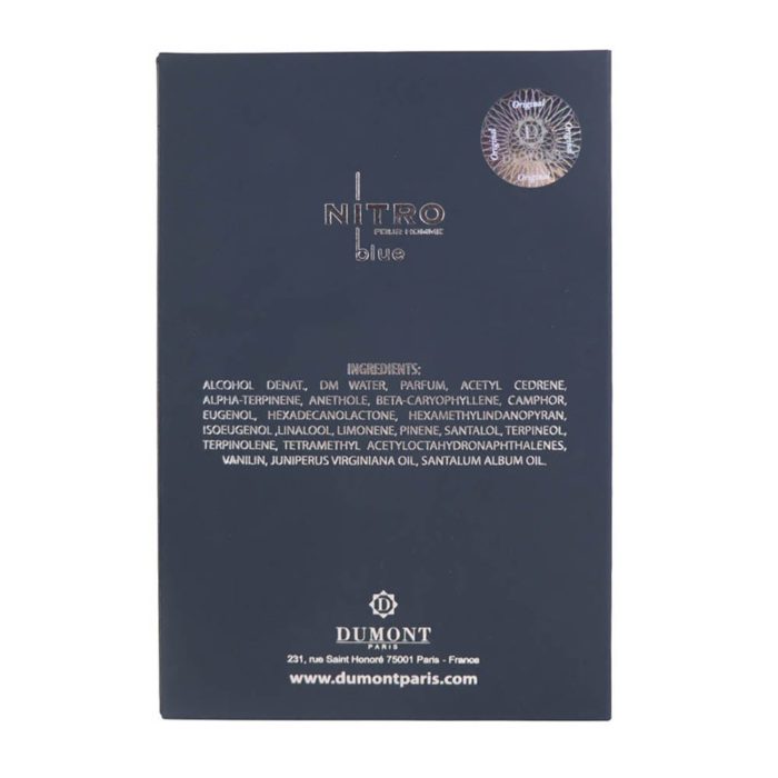 Back view of Nitro Blue Pour Homme 100 ml box by Dumont displaying ingredients and manufacturer information.