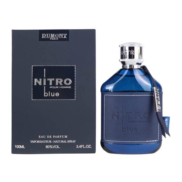 Another angle of Nitro Blue Pour Homme 100 ml bottle and box by Dumont with elegant dark blue theme.