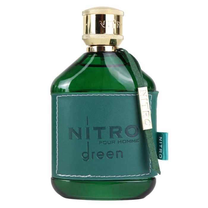 Close-up of Nitro Green Pour Homme EDP 100 ml bottle with green glass and stitched leather wrap.