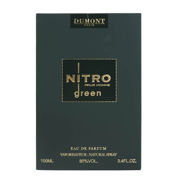 Front view of Nitro Green Pour Homme EDP 100 ml box with gold lettering and Dumont Paris branding.