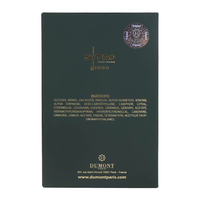 Back of Nitro Green Pour Homme EDP 100 ml box showing ingredients list and manufacturer details.