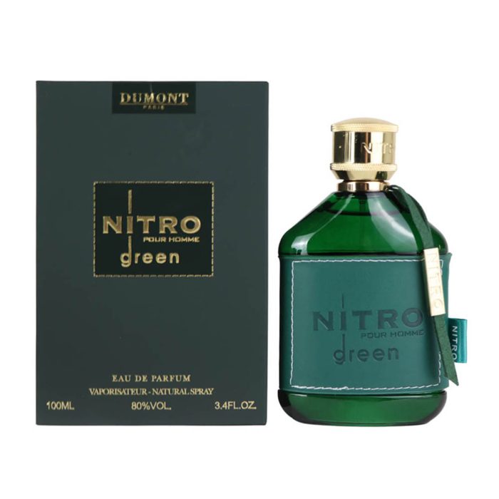 Nitro Green Pour Homme EDP 100 ml bottle and box side by side, displaying elegant green and gold design.