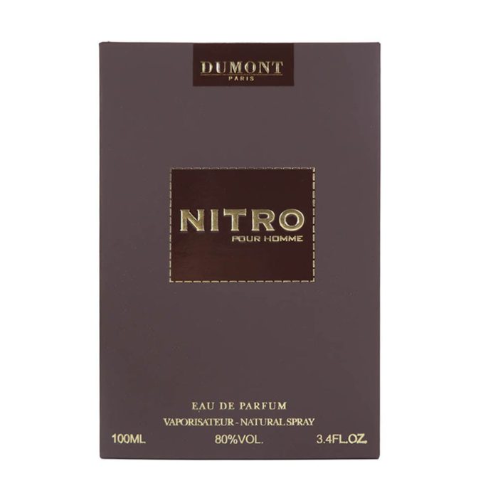 Nitro Pour Homme EDP 100 ml by Dumont front of box with gold logo and text.