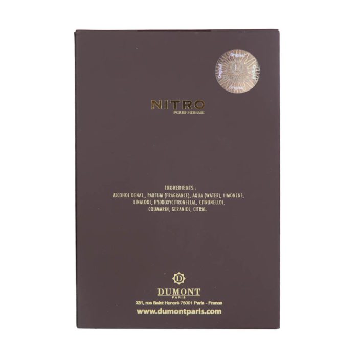 Nitro Pour Homme EDP 100 ml by Dumont back of box showing ingredients and brand details.