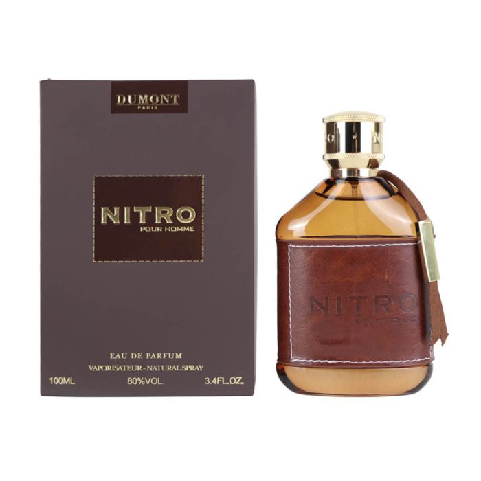 Nitro Pour Homme EDP 100 ml by Dumont bottle and box side by side, brown leather sleeve on bottle.