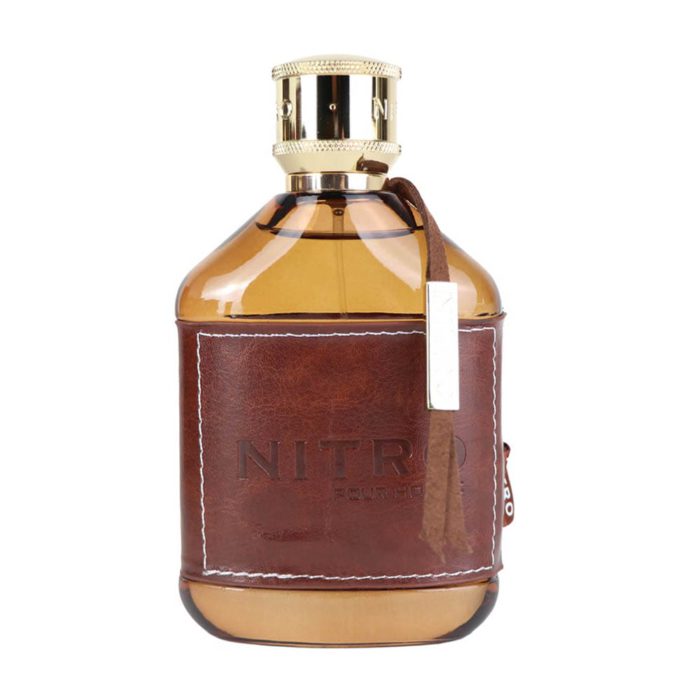 Nitro Pour Homme EDP 100 ml by Dumont close-up of perfume bottle with brown leather sleeve and gold cap.