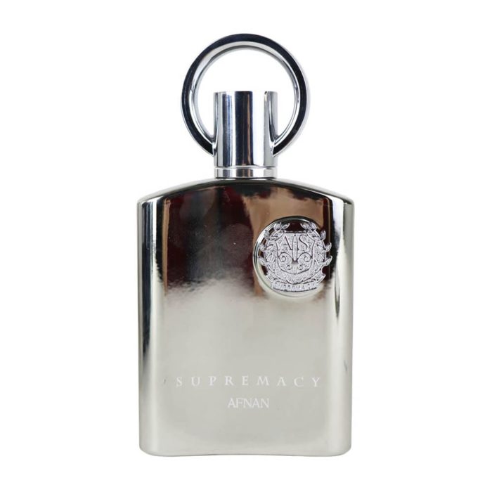 Supremacy Silver EDP 100 ml for men bottle by Afnan in reflective silver finish with circular medallion and unique ring-shaped cap.