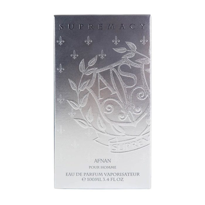 Front view of Supremacy Silver box in silver gradient with embossed logo and “SUPREMACY” text.