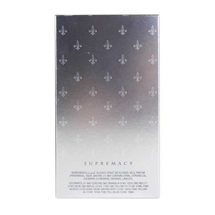 Back view of Supremacy Silver box showing ingredients list in multiple languages and fleur-de-lis pattern.