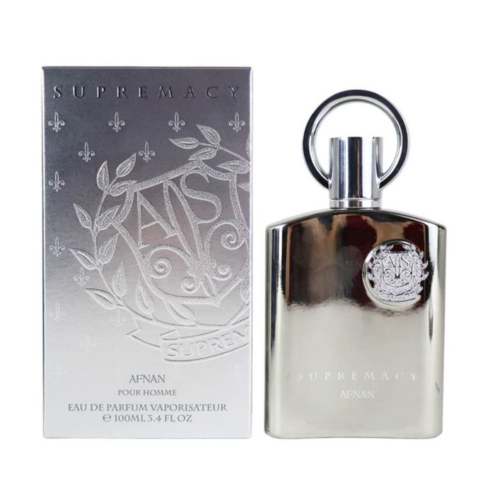 Supremacy Silver EDP 100 ml bottle and box displayed side by side, highlighting the elegant design.