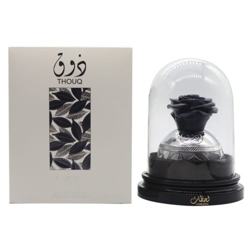 ull product display of Thouq EDP by Lattafa, including both the perfume bottle and the matching box, arranged in a clean and elegant composition with balanced lighting that enhances the product’s luxurious look.